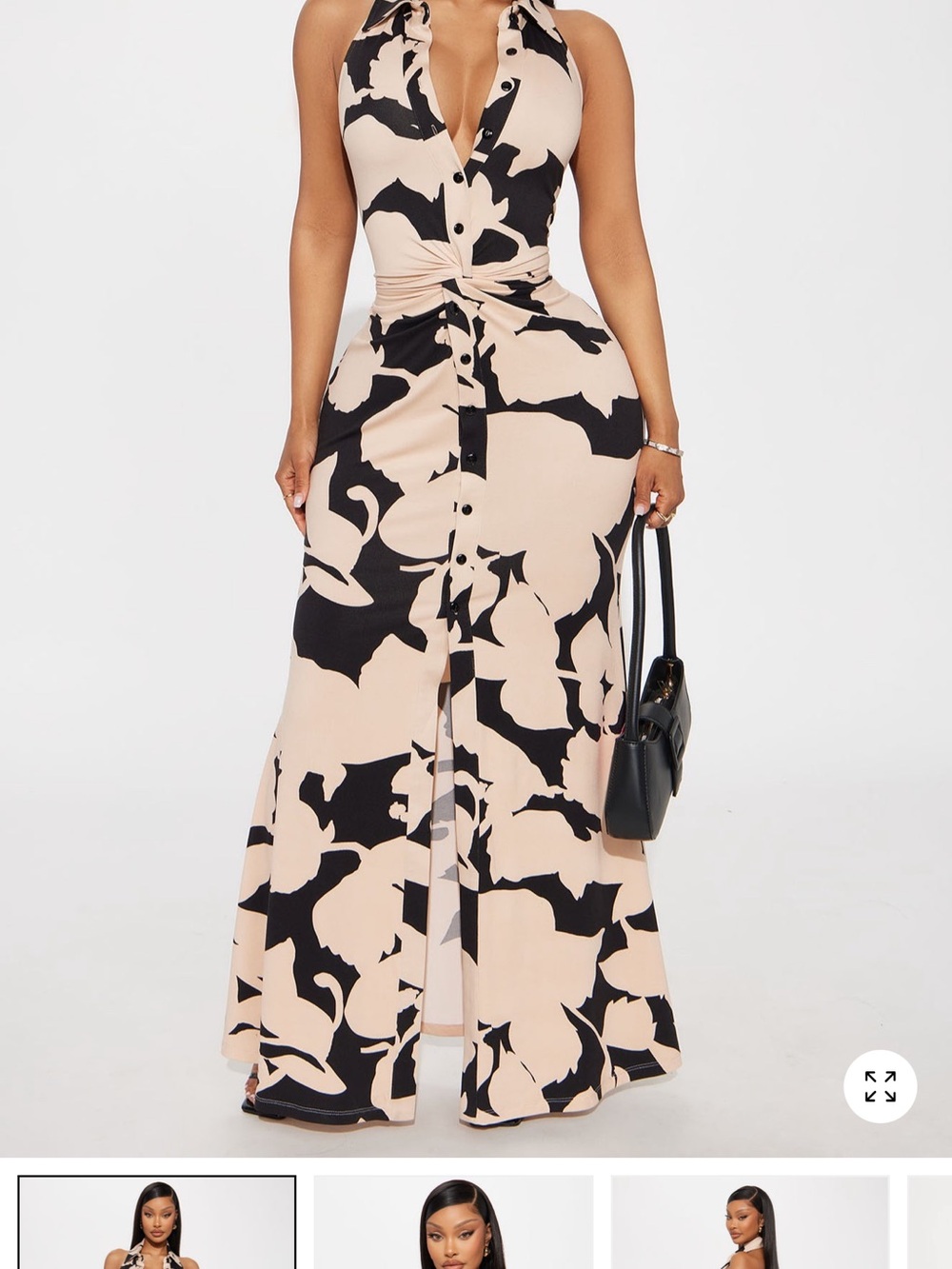Fashion Nova Beige and Black Twist-Front Halter Maxi Dress